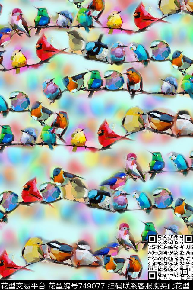 五彩小鸟趣味云纹数码印花华亿平台下载（图片编号: 749077） - 瓦栏（Walan）