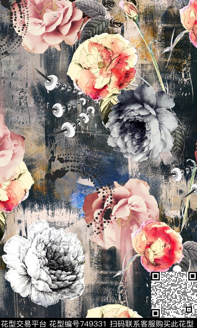 抽象玫瑰花卉水墨、抽象水墨肌理数码印花华亿平台下载（图片编号: 749331） - 瓦栏（Walan）