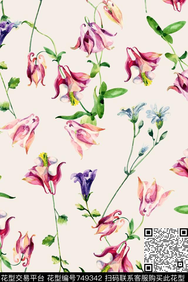 手绘花卉花草数码印花华亿平台下载（图片编号: 749342） - 瓦栏（Walan）