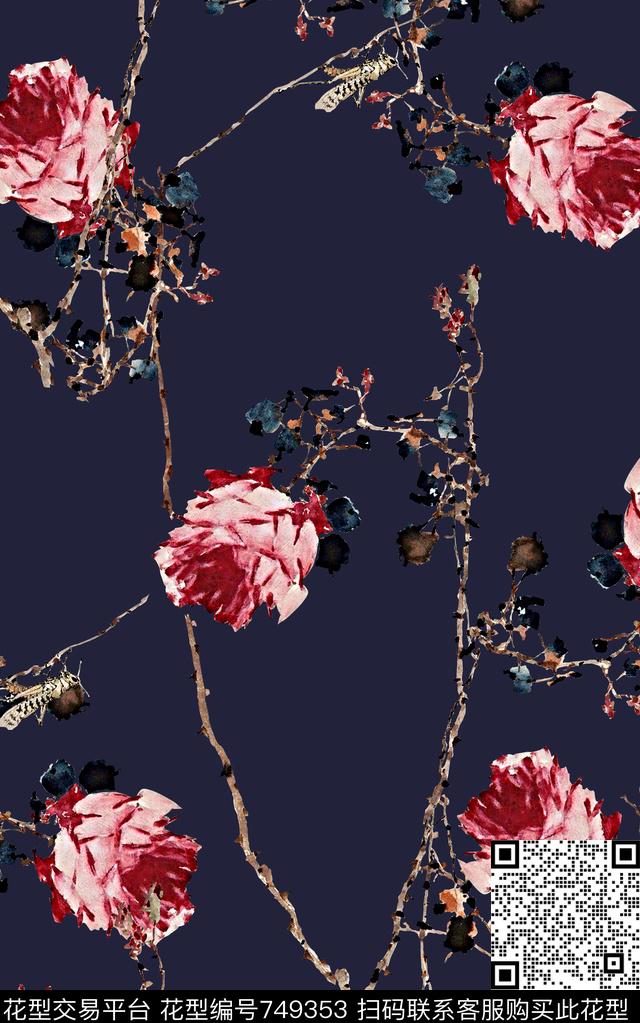 抽象手绘水墨画植物花卉牡丹花数码印花时尚潮流女装裙子旗袍花朵印花欧美复古大牌女装夹克外套中国风印花数码印花华亿平台下载（图片编号: 749353） - 瓦栏（Walan）