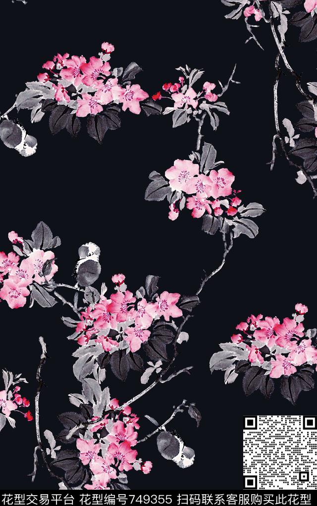 抽象手绘水墨画植物花卉牡丹花数码印花时尚潮流女装裙子旗袍花朵印花欧美复古大牌女装夹克外套中国风印花数码印花华亿平台下载（图片编号: 749355） - 瓦栏（Walan）