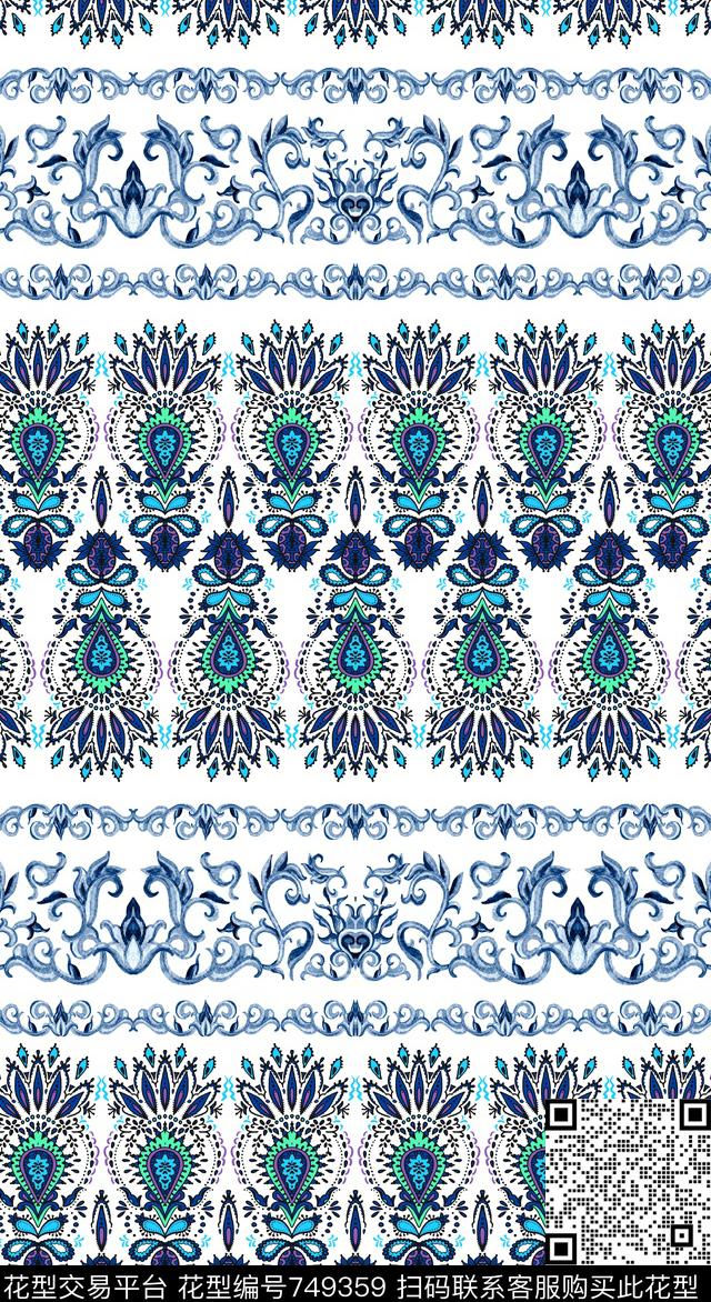 波西米亚青花瓷民族风数码印花华亿平台下载（图片编号: 749359） - 瓦栏（Walan）