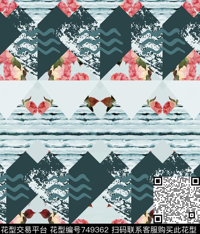 手绘几何花卉数码印花华亿平台下载（图片编号: 749362） - 瓦栏（Walan）