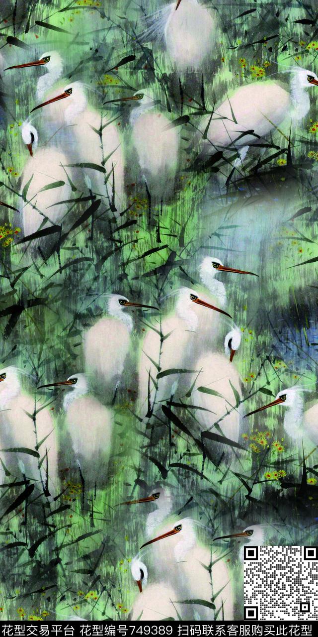 鸟仙鹤花鸟数码印花华亿平台下载（图片编号: 749389） - 瓦栏（Walan）