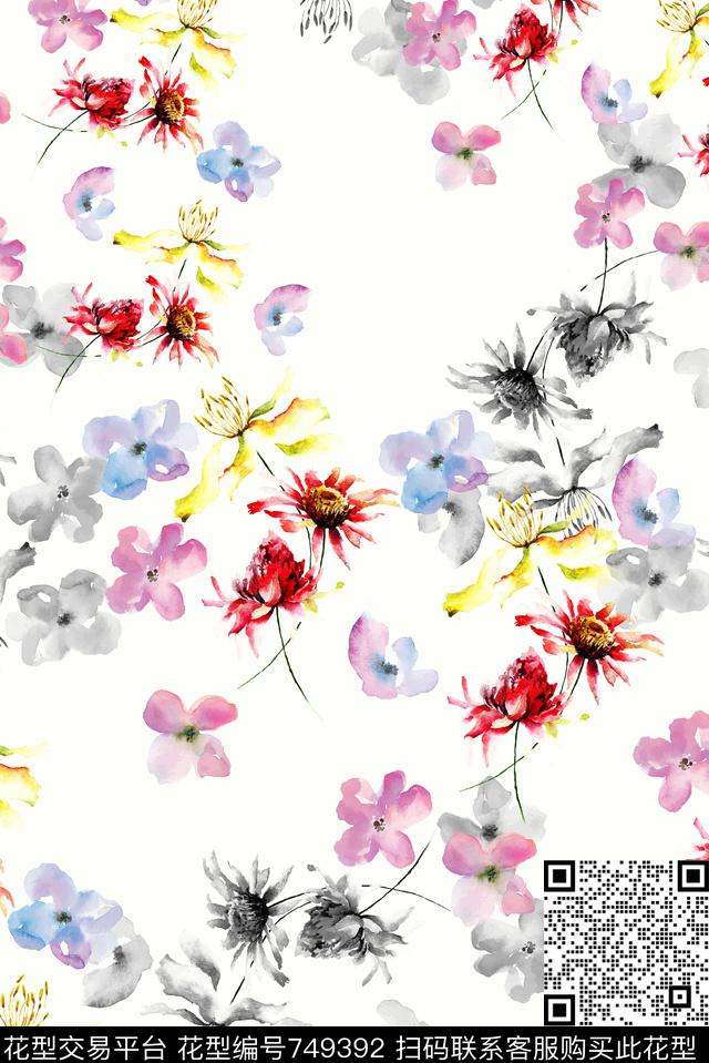 手绘水彩花卉数码印花华亿平台下载（图片编号: 749392） - 瓦栏（Walan）