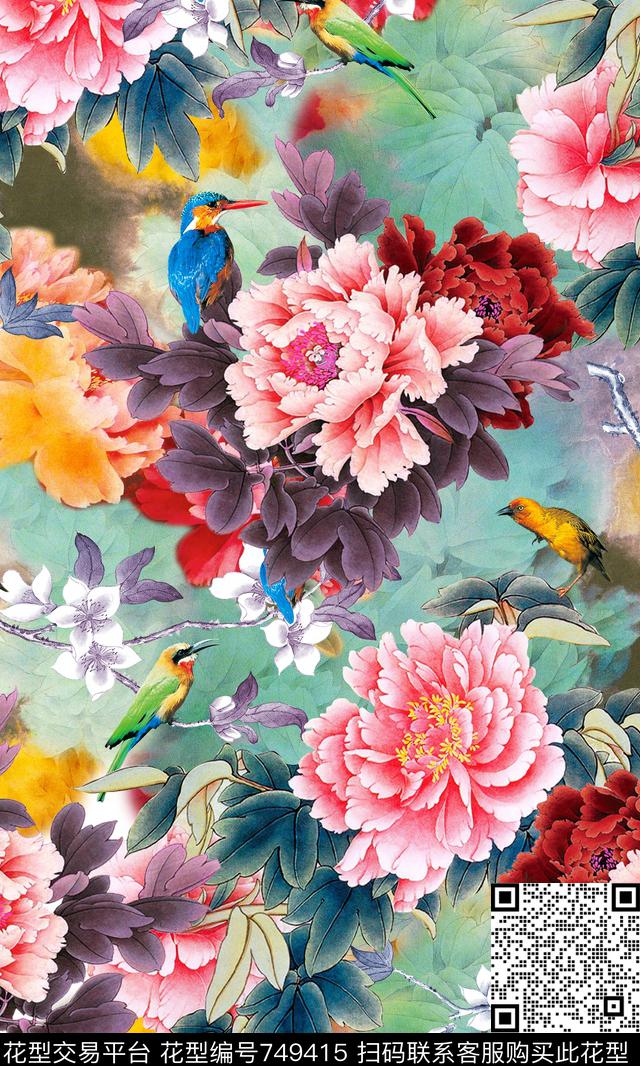 水墨、抽象水墨肌理花鸟数码印花华亿平台下载（图片编号: 749415） - 瓦栏（Walan）