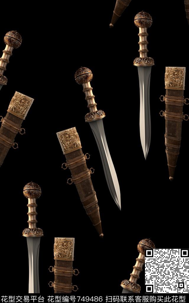 抽象手绘几何剑数码印花时尚潮流男装夹克外套印花欧美复古大牌印花数码印花华亿平台下载（图片编号: 749486） - 瓦栏（Walan）