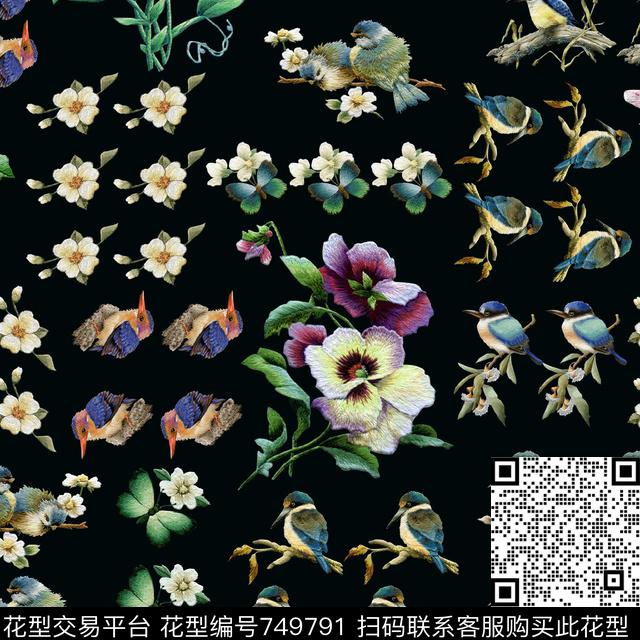刺绣鸟花卉数码印花华亿平台下载（图片编号: 749791） - 瓦栏（Walan）