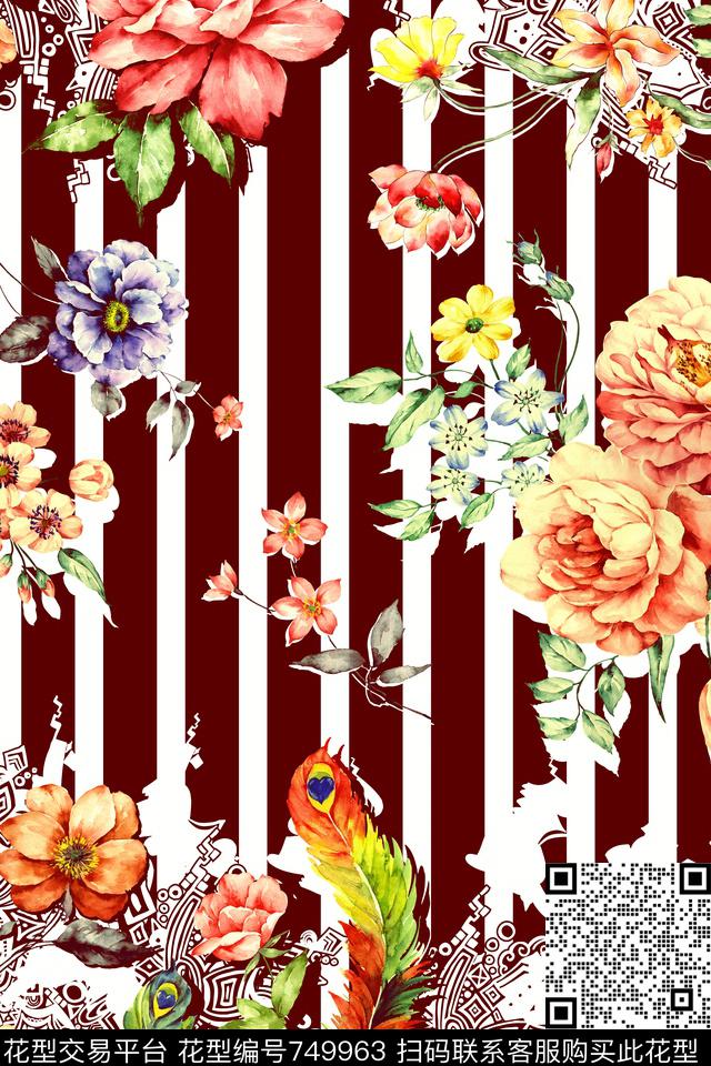 花卉条纹手绘花数码印花华亿平台下载（图片编号: 749963） - 瓦栏（Walan）