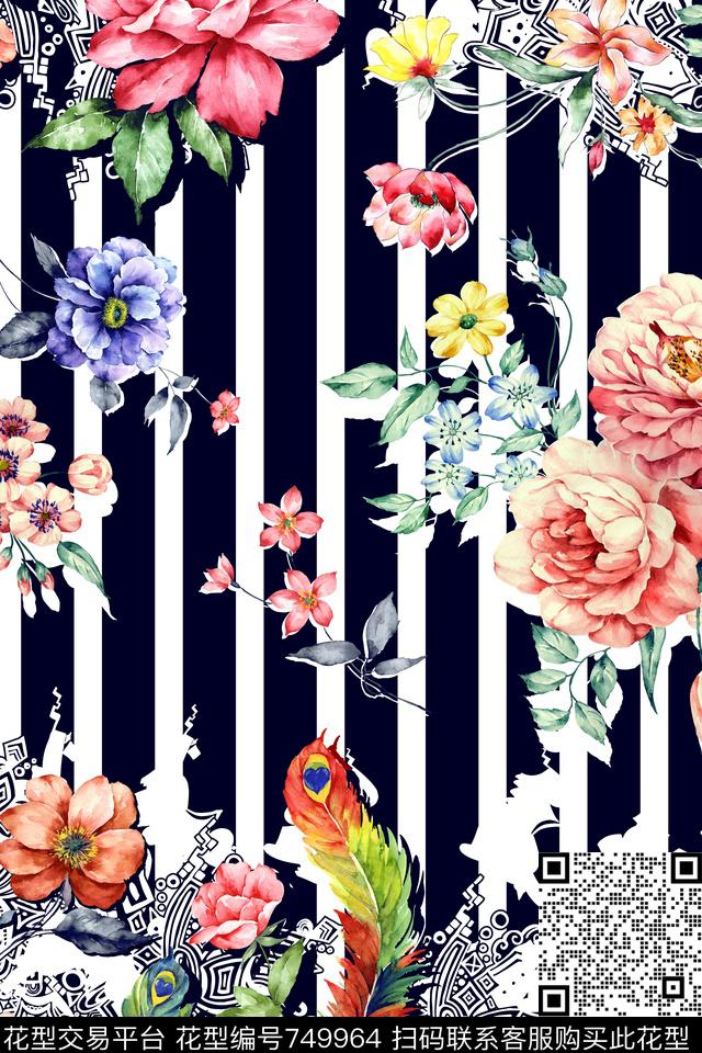 花卉条纹手绘花数码印花华亿平台下载（图片编号: 749964） - 瓦栏（Walan）