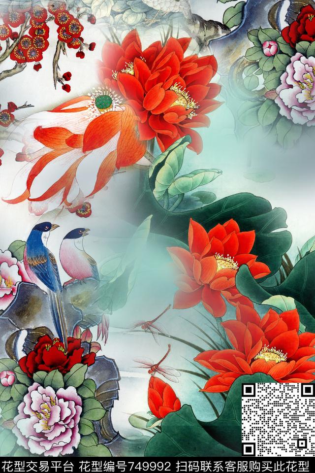 中国风花卉荷花数码印花华亿平台下载（图片编号: 749992） - 瓦栏（Walan）