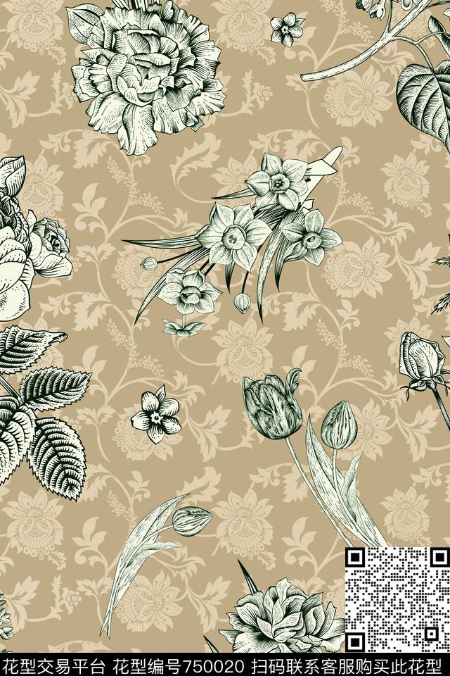 欧式复古墙纸艺术黑白手绘数码印花华亿平台下载（图片编号: 750020） - 瓦栏（Walan）