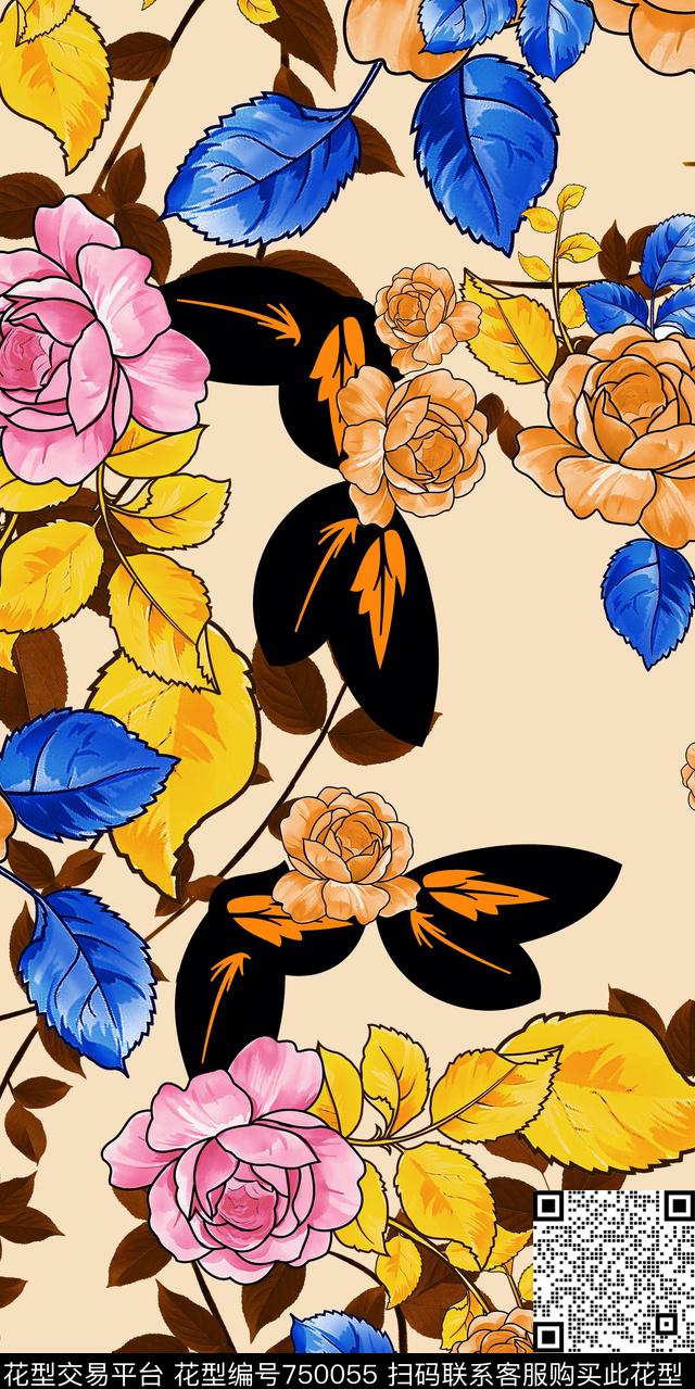 乱花大花花朵数码印花华亿平台下载（图片编号: 750055） - 瓦栏（Walan）