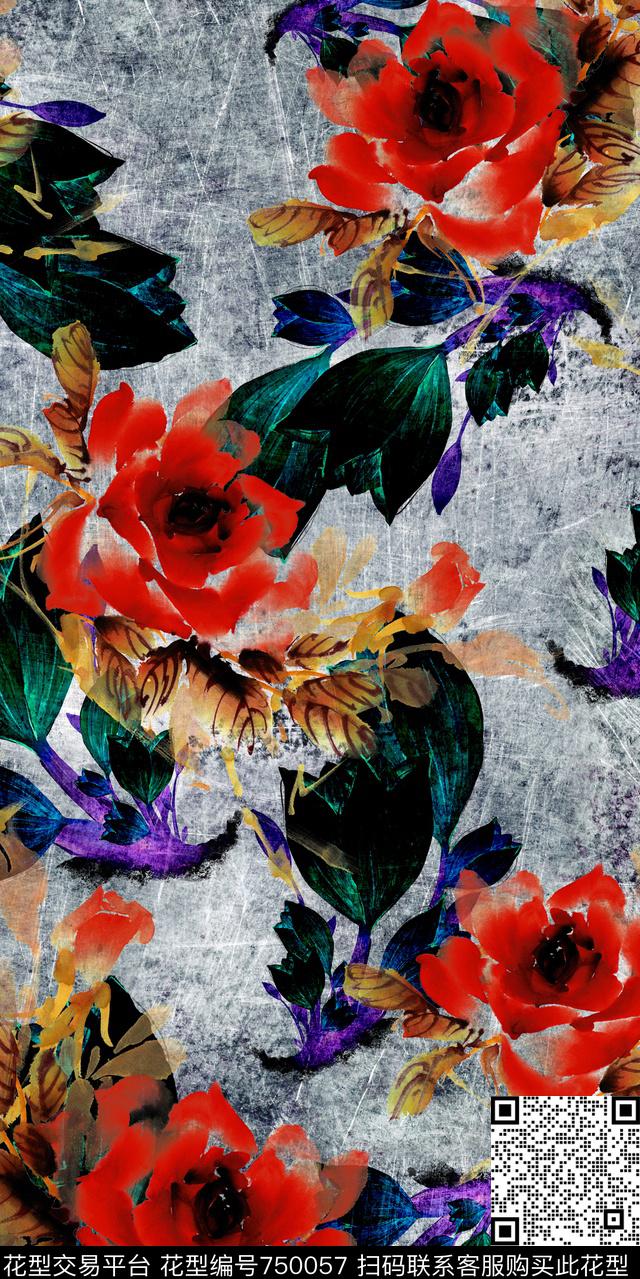 乱花大花花朵数码印花华亿平台下载（图片编号: 750057） - 瓦栏（Walan）