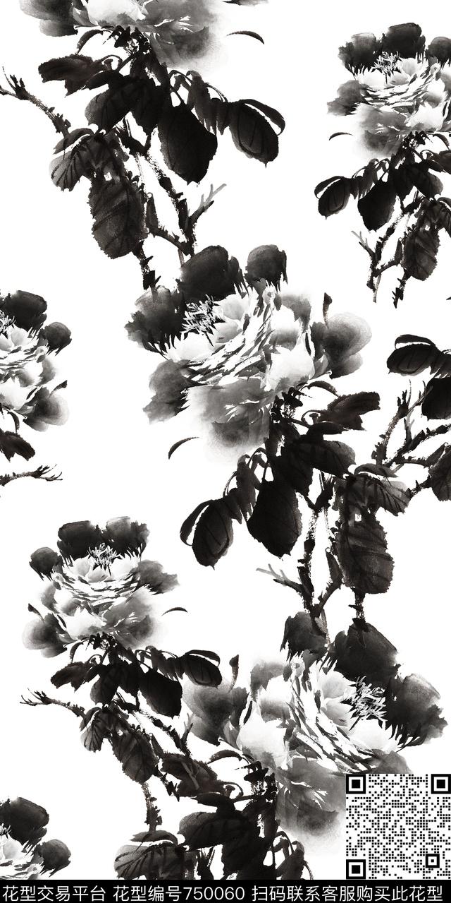 花卉中国风水墨数码印花华亿平台下载（图片编号: 750060） - 瓦栏（Walan）