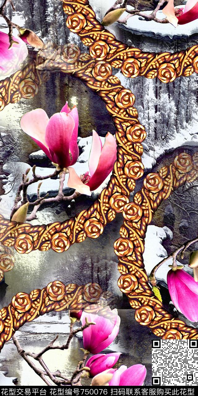 玉兰花花卉复古数码印花华亿平台下载（图片编号: 750076） - 瓦栏（Walan）