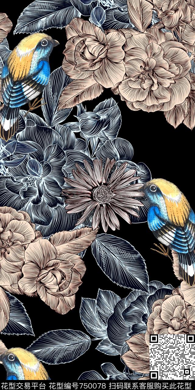 花鸟雏菊牡丹数码印花华亿平台下载（图片编号: 750078） - 瓦栏（Walan）