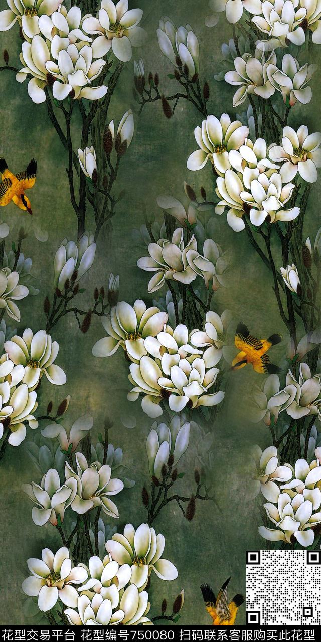 花卉玉兰花花鸟数码印花华亿平台下载（图片编号: 750080） - 瓦栏（Walan）