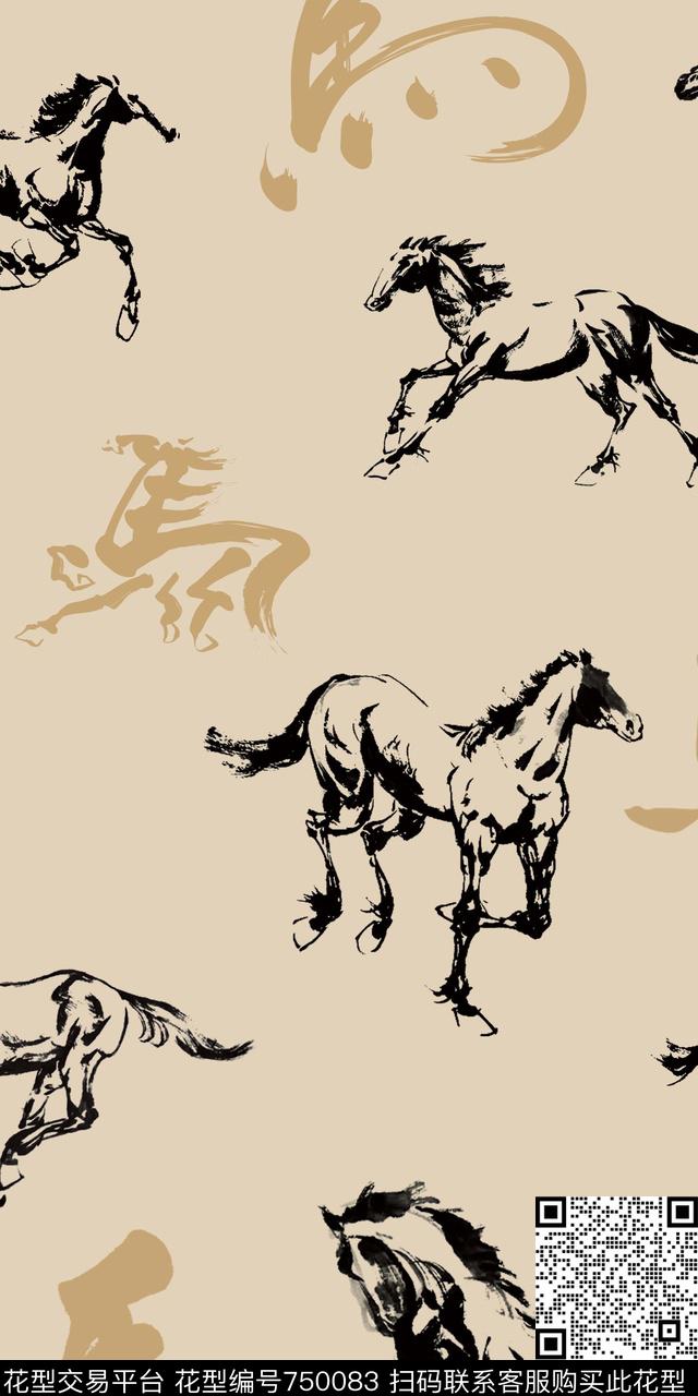 手绘水墨马传统印花华亿平台下载（图片编号: 750083） - 瓦栏（Walan）