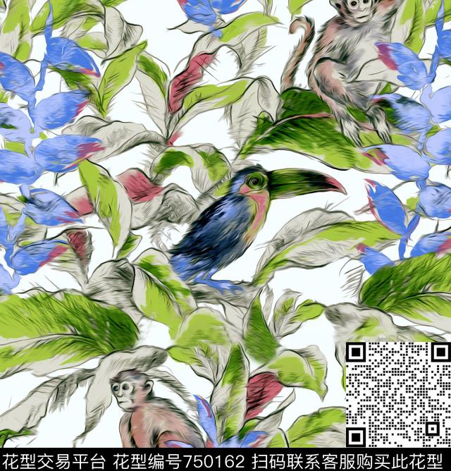 鸟猴子数码印花华亿平台下载（图片编号: 750162） - 瓦栏（Walan）