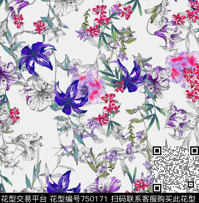 小碎花乱花百合数码印花华亿平台下载（图片编号: 750171） - 瓦栏（Walan）