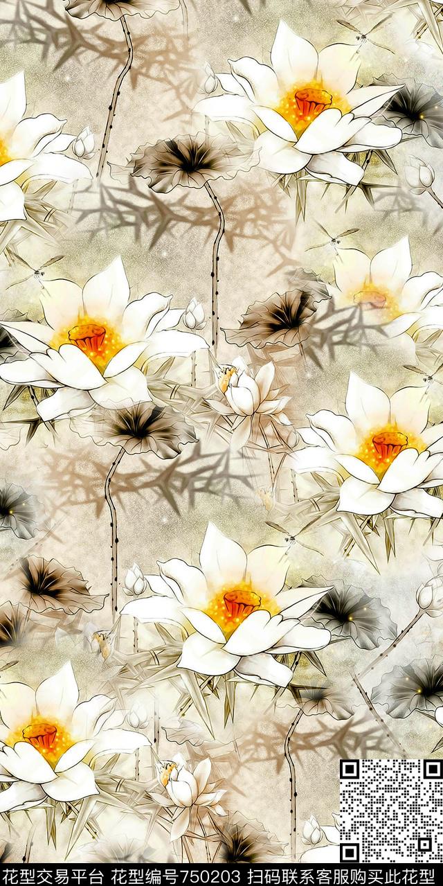 花鸟水墨水彩数码印花华亿平台下载（图片编号: 750203） - 瓦栏（Walan）