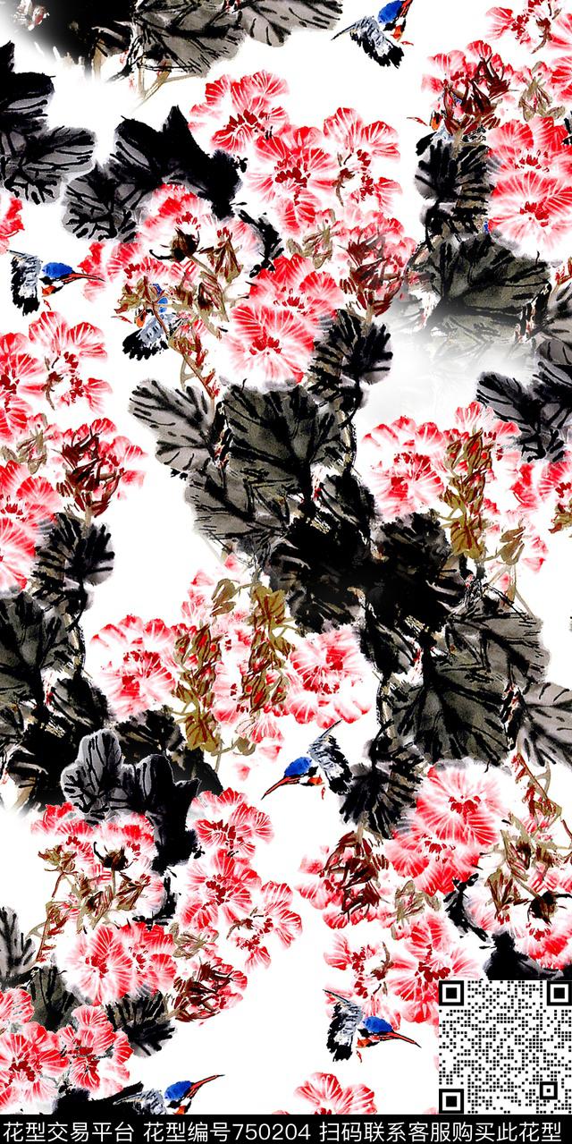 花鸟水墨水彩数码印花华亿平台下载（图片编号: 750204） - 瓦栏（Walan）