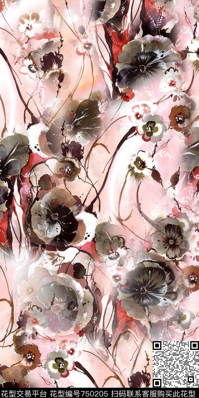 花鸟水墨水彩数码印花华亿平台下载（图片编号: 750205） - 瓦栏（Walan）