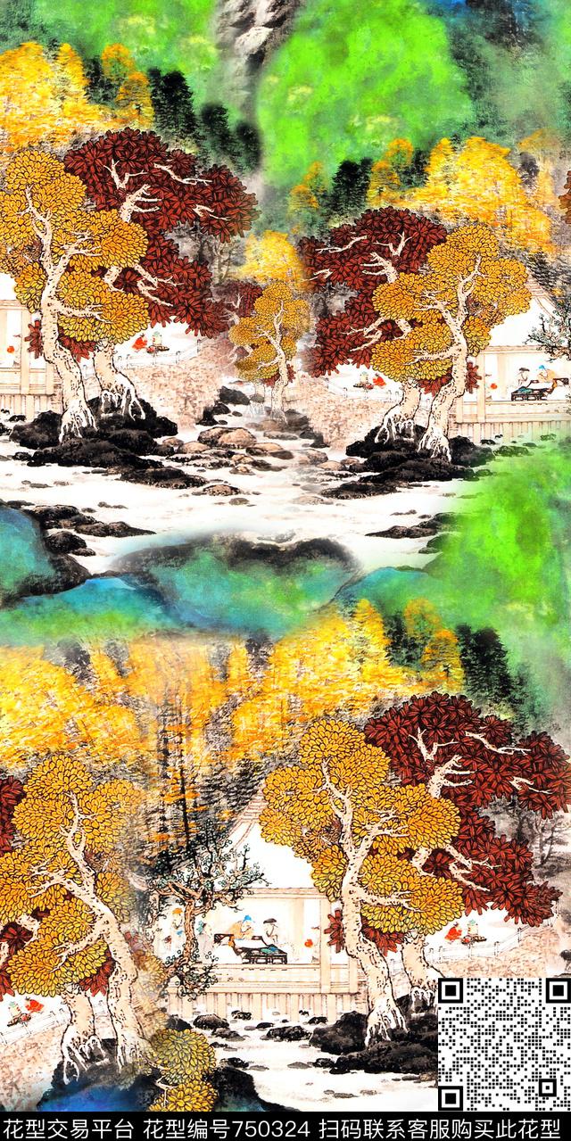 松树枫叶山川数码印花华亿平台下载（图片编号: 750324） - 瓦栏（Walan）