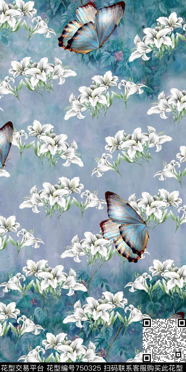 花朵花卉蝴蝶数码印花华亿平台下载（图片编号: 750325） - 瓦栏（Walan）