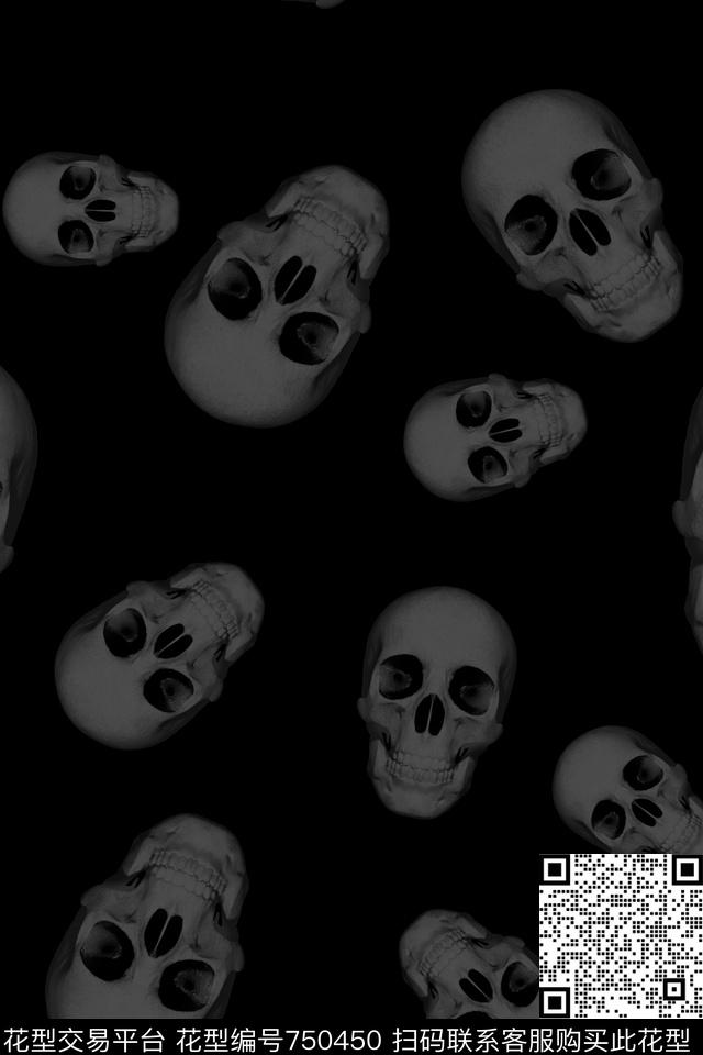 骷髅头黑白单色数码印花华亿平台下载（图片编号: 750450） - 瓦栏（Walan）