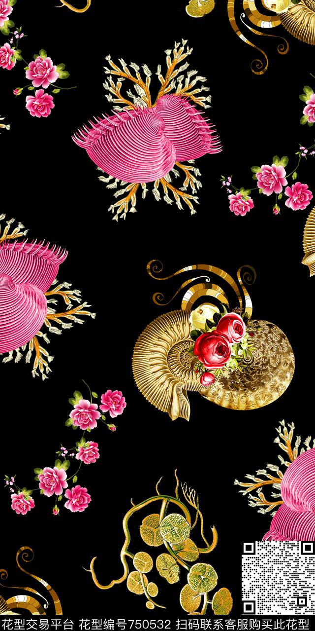 花朵古物海螺数码印花华亿平台下载（图片编号: 750532） - 瓦栏（Walan）