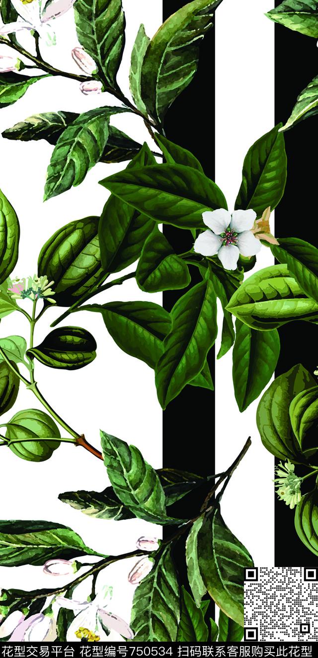 花卉绿叶清新数码印花华亿平台下载（图片编号: 750534） - 瓦栏（Walan）