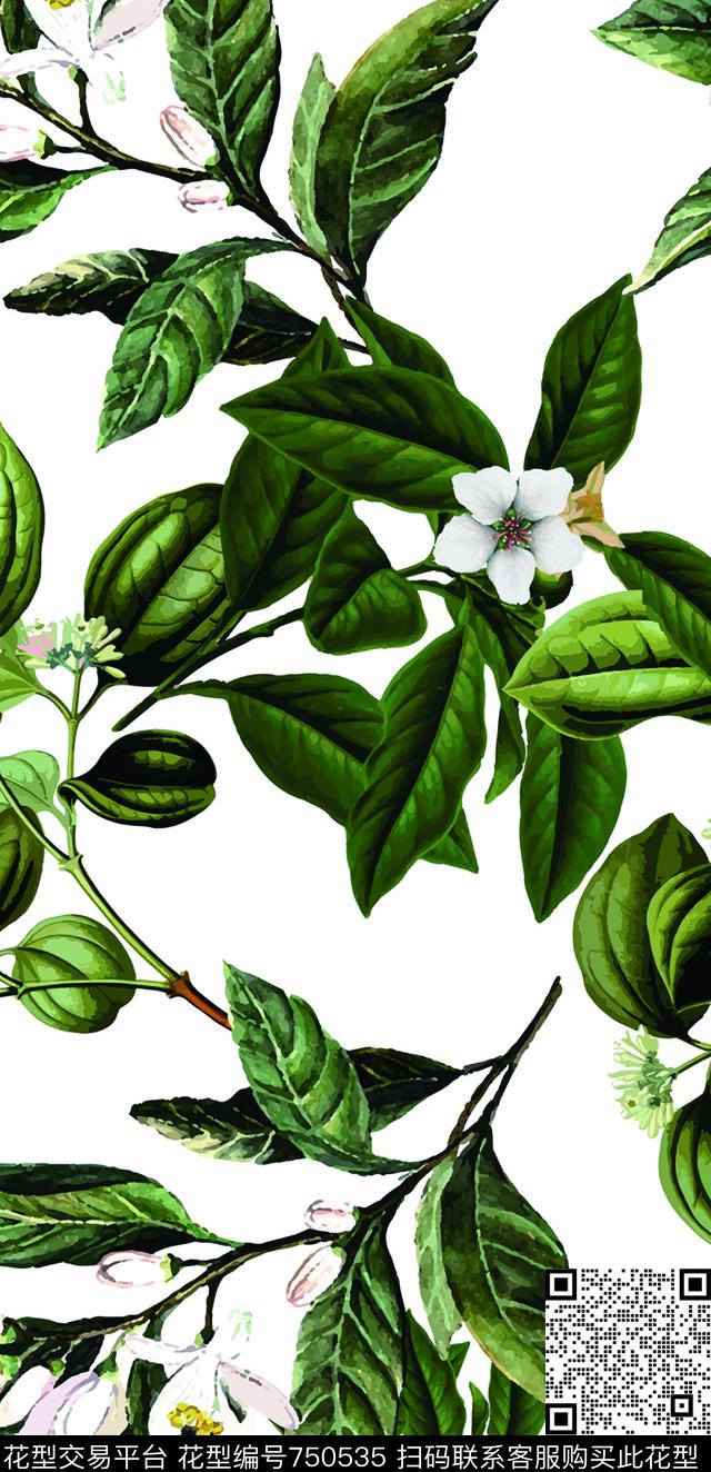 花卉绿叶清新数码印花华亿平台下载（图片编号: 750535） - 瓦栏（Walan）