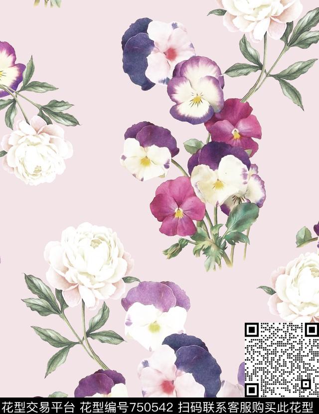 田园花卉叶子三色堇数码印花华亿平台下载（图片编号: 750542） - 瓦栏（Walan）