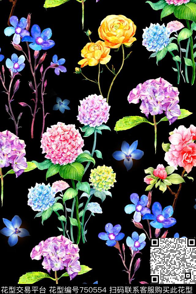 时尚手绘水彩数码印花华亿平台下载（图片编号: 750554） - 瓦栏（Walan）