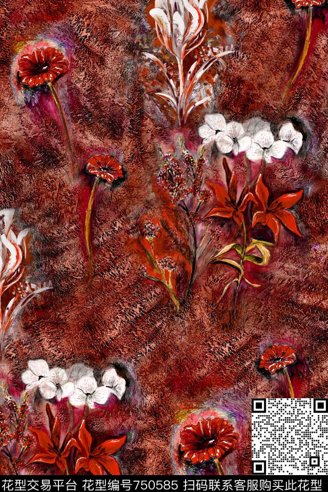油画肌理花卉数码印花华亿平台下载（图片编号: 750585） - 瓦栏（Walan）