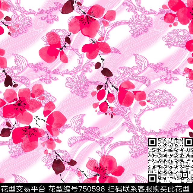 淡雅梅花飘逸底纹数码印花华亿平台下载（图片编号: 750596） - 瓦栏（Walan）