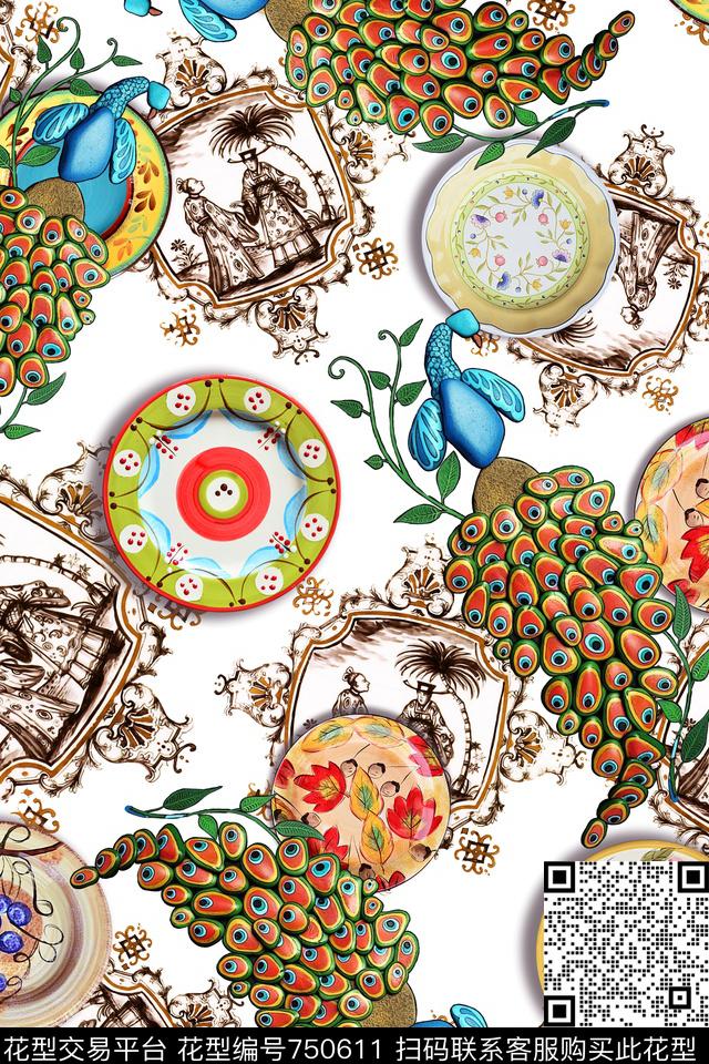 盘子复古人物孔雀数码印花华亿平台下载（图片编号: 750611） - 瓦栏（Walan）