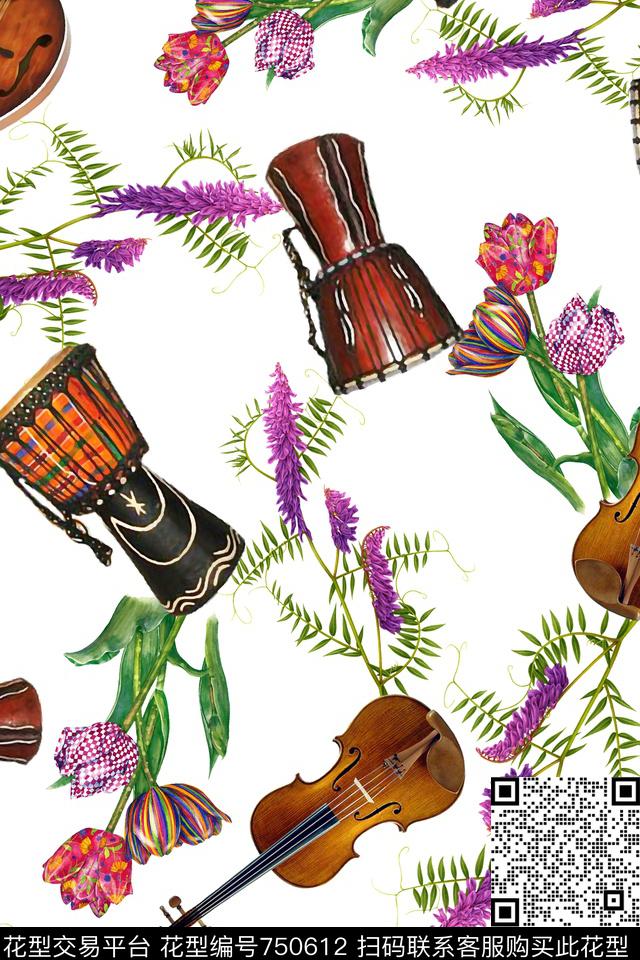 复古乐器花草素色底数码印花华亿平台下载（图片编号: 750612） - 瓦栏（Walan）