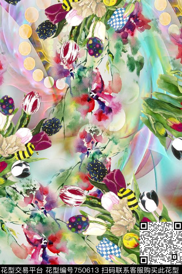 彩底清新花卉组合数码印花华亿平台下载（图片编号: 750613） - 瓦栏（Walan）