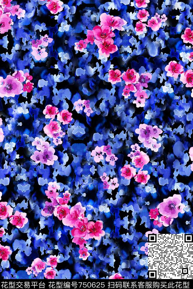 抽象水墨底纹水墨小花数码印花华亿平台下载（图片编号: 750625） - 瓦栏（Walan）
