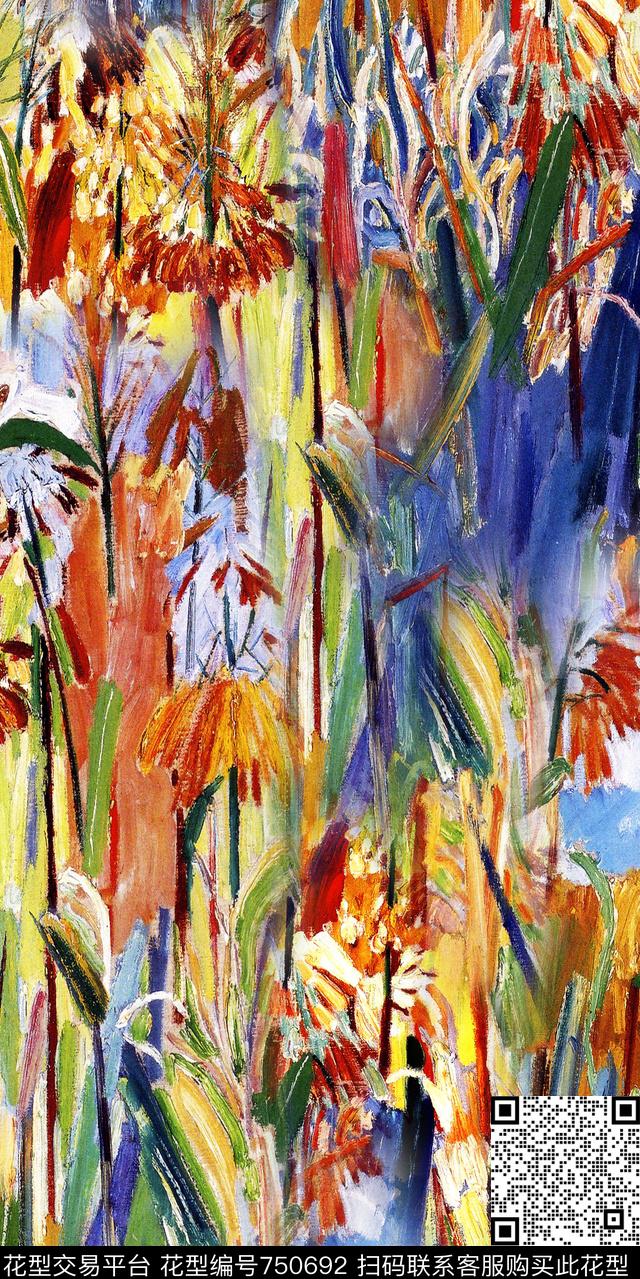 抽象花卉手绘油画数码印花华亿平台下载（图片编号: 750692） - 瓦栏（Walan）