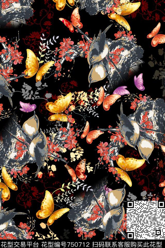 蝴蝶小碎花手绘花纹数码印花华亿平台下载（图片编号: 750712） - 瓦栏（Walan）