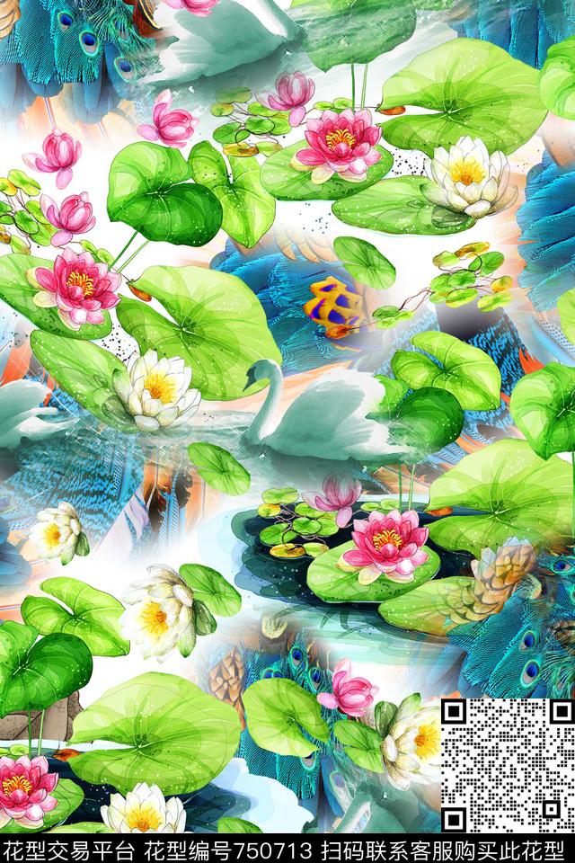 花卉孔雀羽毛荷花数码印花华亿平台下载（图片编号: 750713） - 瓦栏（Walan）