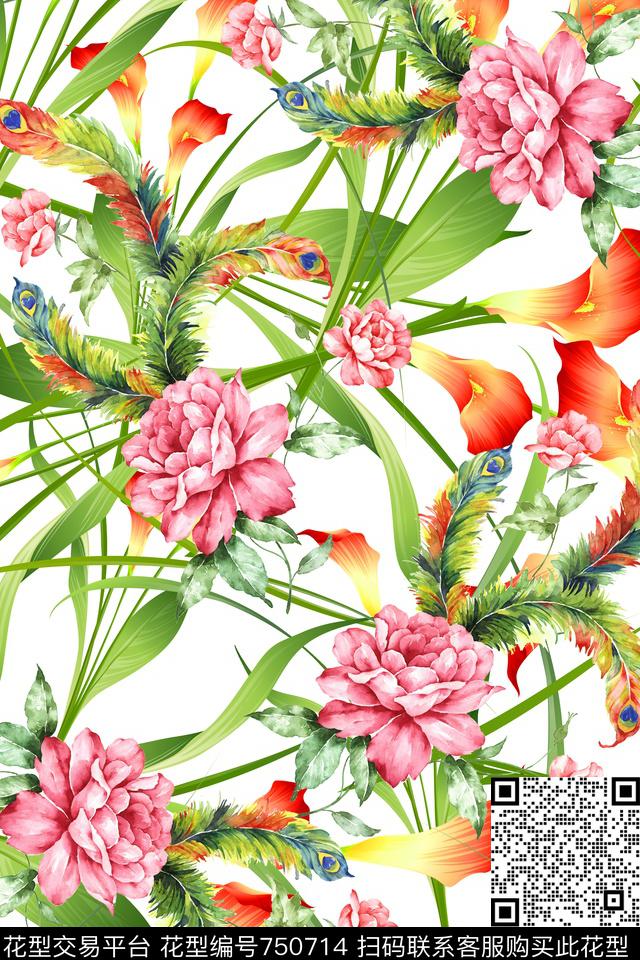花卉叶子孔雀羽数码印花华亿平台下载（图片编号: 750714） - 瓦栏（Walan）