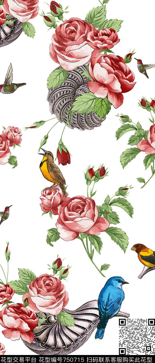 鸟古生物花卉数码印花华亿平台下载（图片编号: 750715） - 瓦栏（Walan）