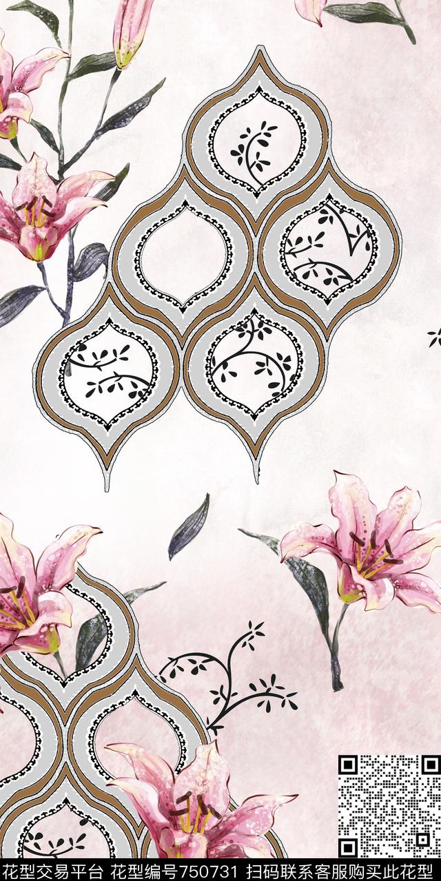 古典装饰百合水彩数码印花华亿平台下载（图片编号: 750731） - 瓦栏（Walan）