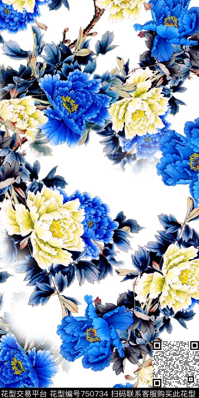 牡丹水墨水彩数码印花华亿平台下载（图片编号: 750734） - 瓦栏（Walan）