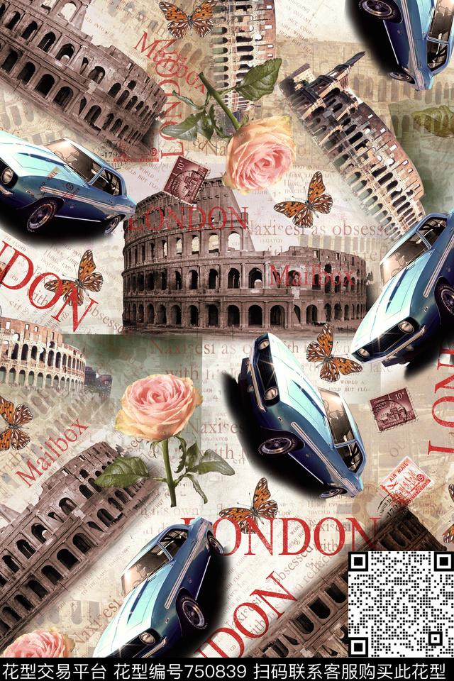 花卉建筑物手绘花纹数码印花华亿平台下载（图片编号: 750839） - 瓦栏（Walan）